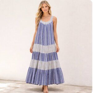 Roberta ROLLER RABBIT maxi dress 100% cotton periwinkle blue & white sleeveless